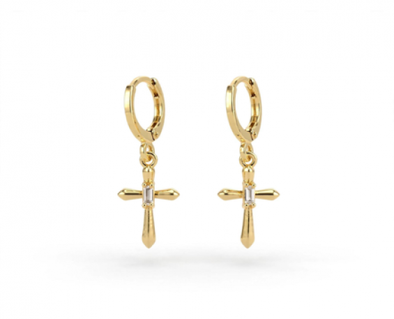 Aretes Huggie con Cruz Dorada y Zirconia Baguette