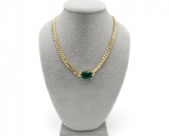 Collar Cadena Cubana con Piedra Esmeralda Verde