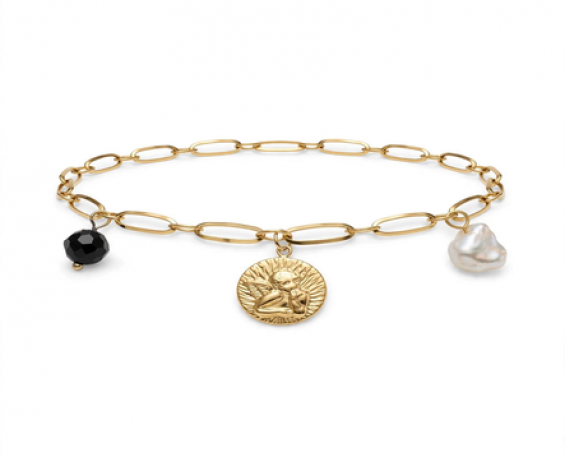 Pulsera Dorada Angelito con Perla y Ónix 