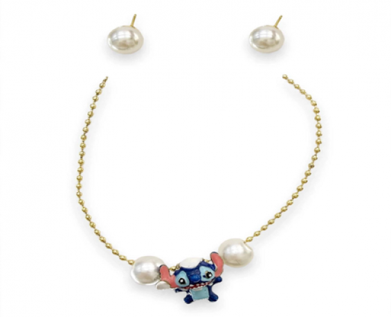 Set Collar y Aretes Stitch Azul con Perlas