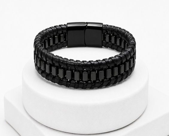 Pulsera de Piel Negra con Detalles Metálicos