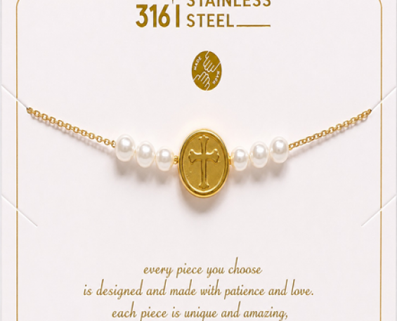 Pulsera con Medalla de Cruz y Perlas