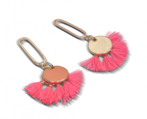 aretes hilo de seda con medallones de acero color rosa 