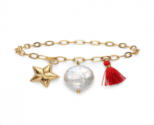 Pulsera Dorada Estrella, Perla Barroca y Borla Roja 