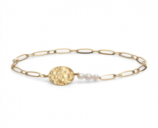 Pulsera Dorada Medalla Martillada con Perlas
