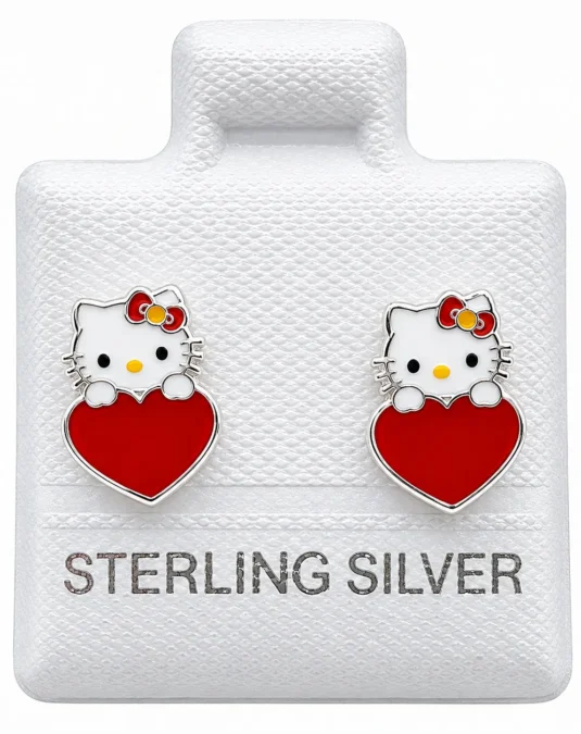 Aretes de Plata Kitty con Corazón