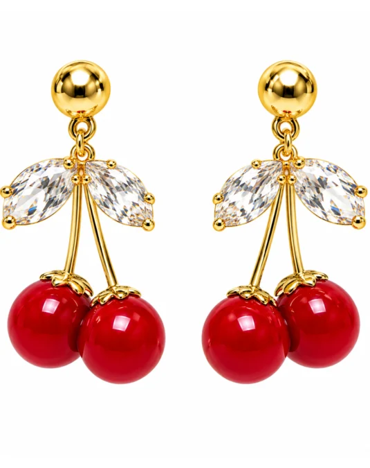 Aretes de Acero Inoxidable de Cerezas Rojas con Cristales