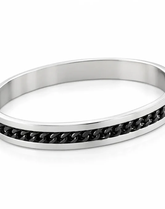Brazalete Plateado con Cadena Negra