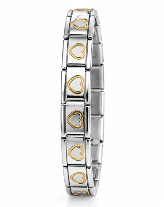 Brazalete Plateado con Corazones Dorados