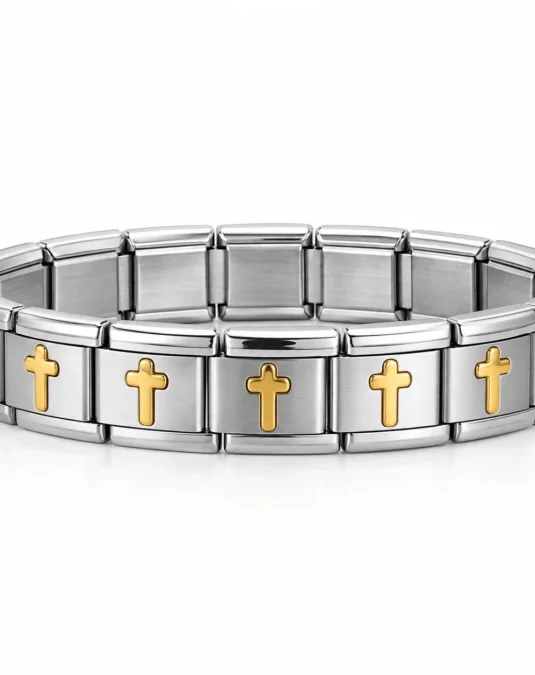 Brazalete Plateado con Cruces Doradas