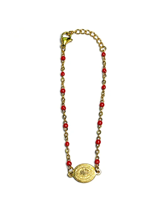 Pulsera Dorada Cuentas Rojas