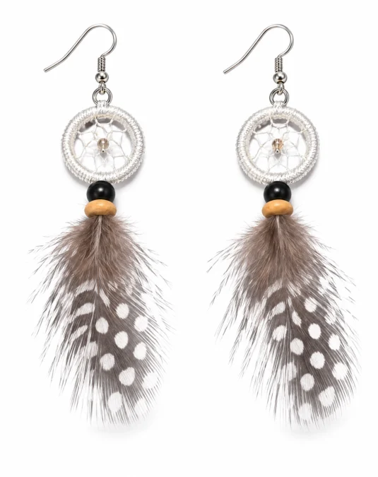 Aretes de Atrapasueños Café/Blanco con Plumas