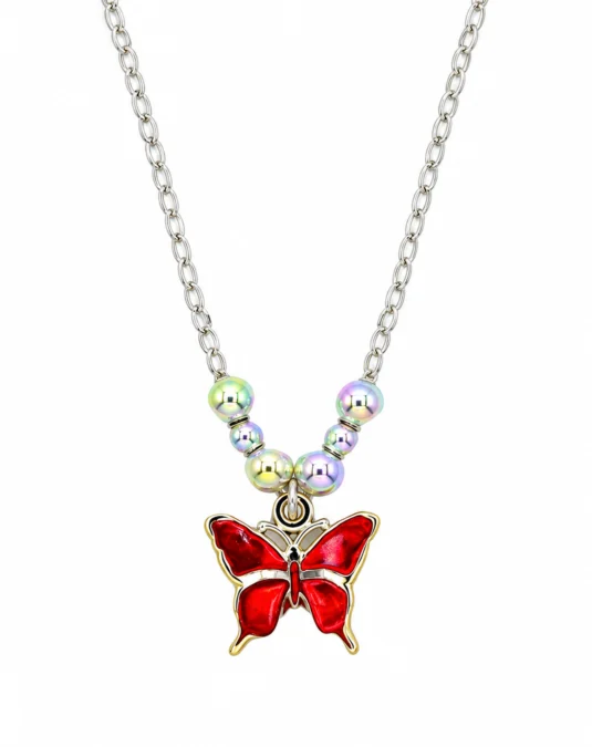 Collar de plata de mariposa roja