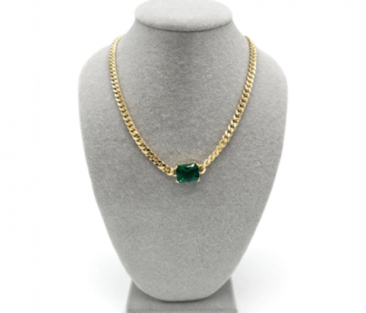 Collar Cadena Cubana con Piedra Esmeralda Verde