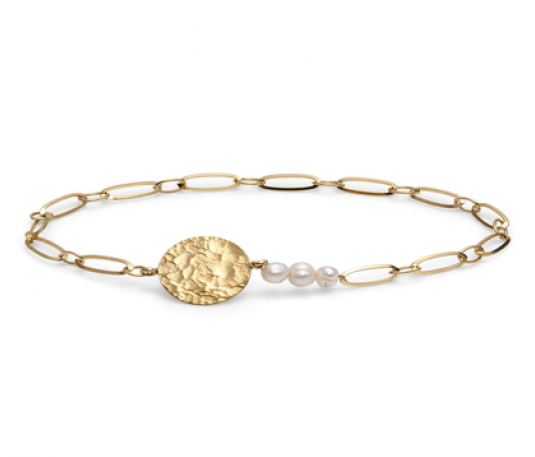 Pulsera Dorada Medalla Martillada con Perlas